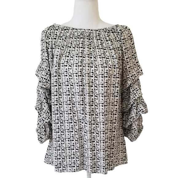 Cubism Los Angeles Ruched 3/4 Sleeve Off Shoulder Blouse - Size L - Picture 2 of 6